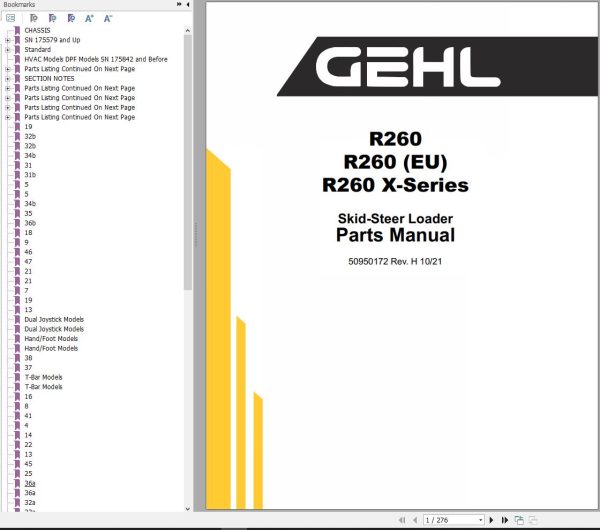 GEHL Skid Steer Loader R260 R260 X Series Parts Manual 50950172H