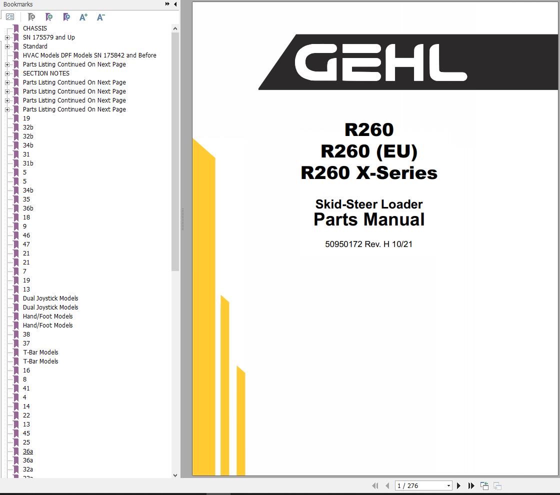 GEHL Skid Steer Loader R260 R260 X Series Parts Manual 50950172H