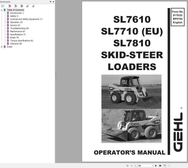 GEHL Skid Steer Loader SL7610 SL7810 Operators Manual 917032B