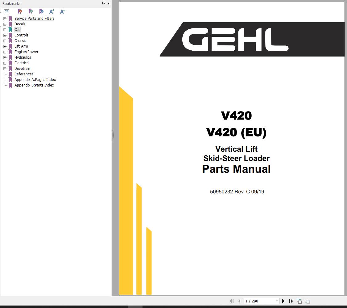 GEHL Skid Steer Loader V420 Parts Manual 50950232C