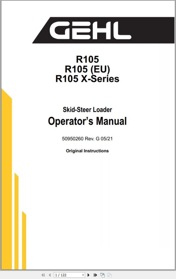 GEHL Skid Steer Loaders R105 R105 X Series Operators Manual 50950260G 1