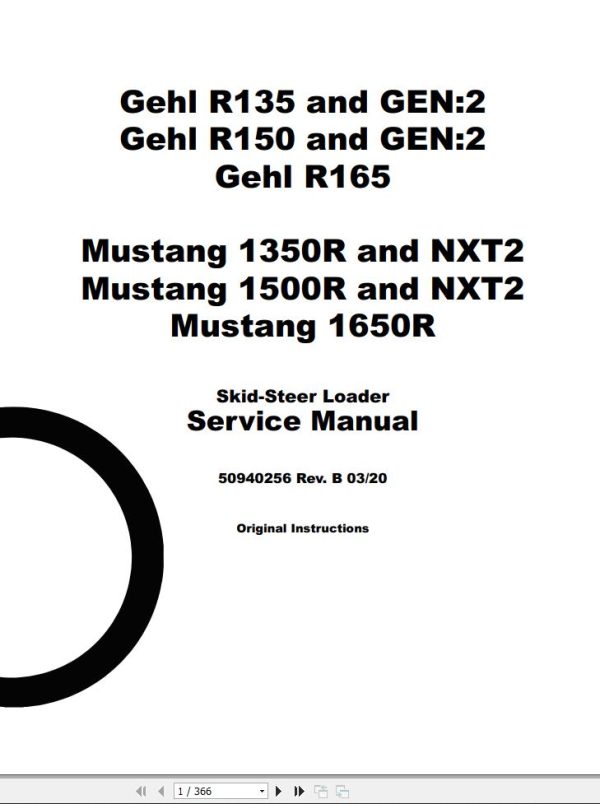 GEHL Skid Steer Loaders R135 GEN2 R150 GEN2 R165 Service Manual 50940256 REVB