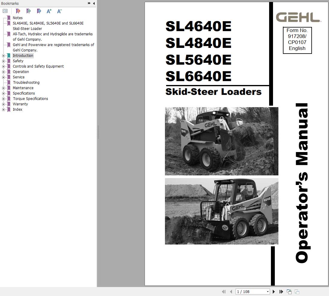 GEHL Skid Steer Loaders SL4640E SL4840E SL5640E SL6640E Operators Manual 917208C