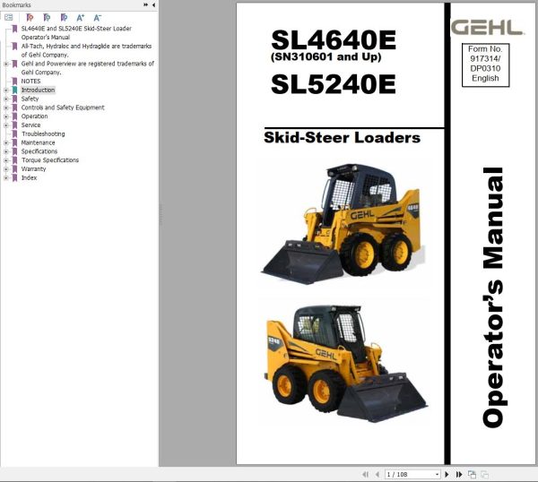 GEHL Skid Steer Loaders SL4640E SL5240E Operators Manual 917314D