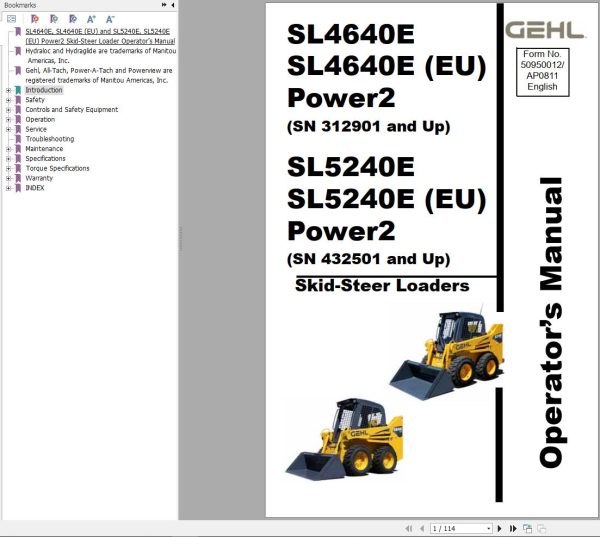 GEHL Skid Steer Loaders SL4640E SL5240E Power2 Operators Manual 50950012A