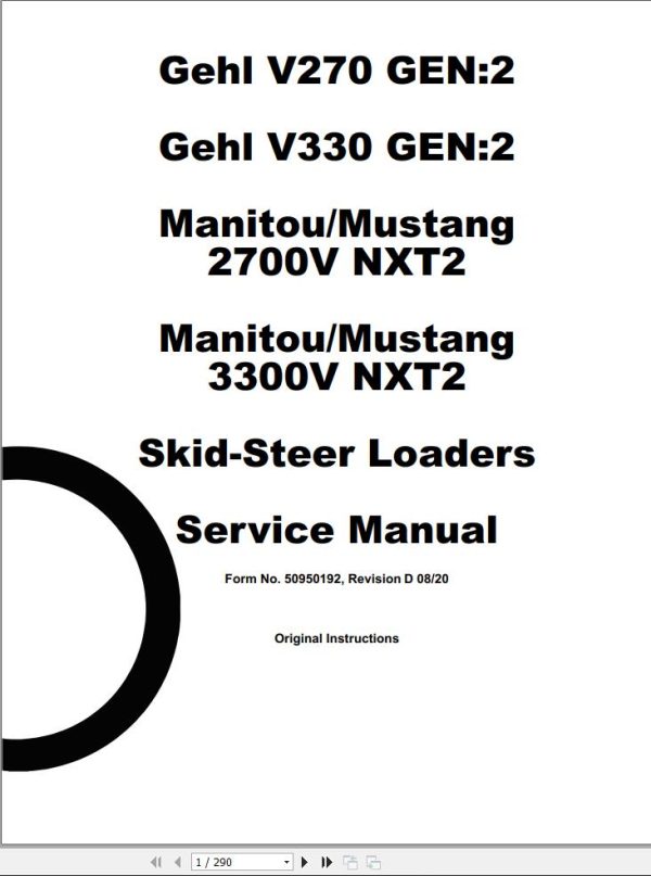 GEHL Skid Steer Loaders V270 V330 Gen2 Service Manual 50950192 REVD