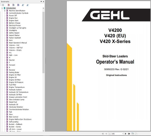 GEHL Skid Steer Loaders V4200 V420X Series Operators Manual 50950233G