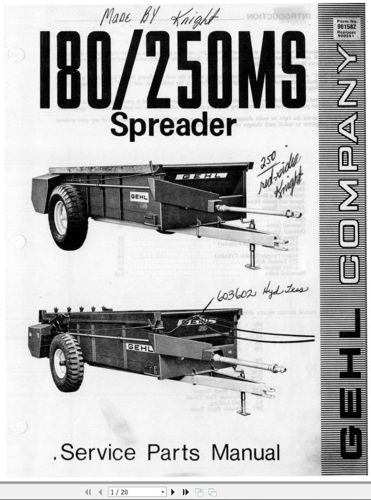 GEHL Spreader 180MS 250MS Service Parts Manual 901582A