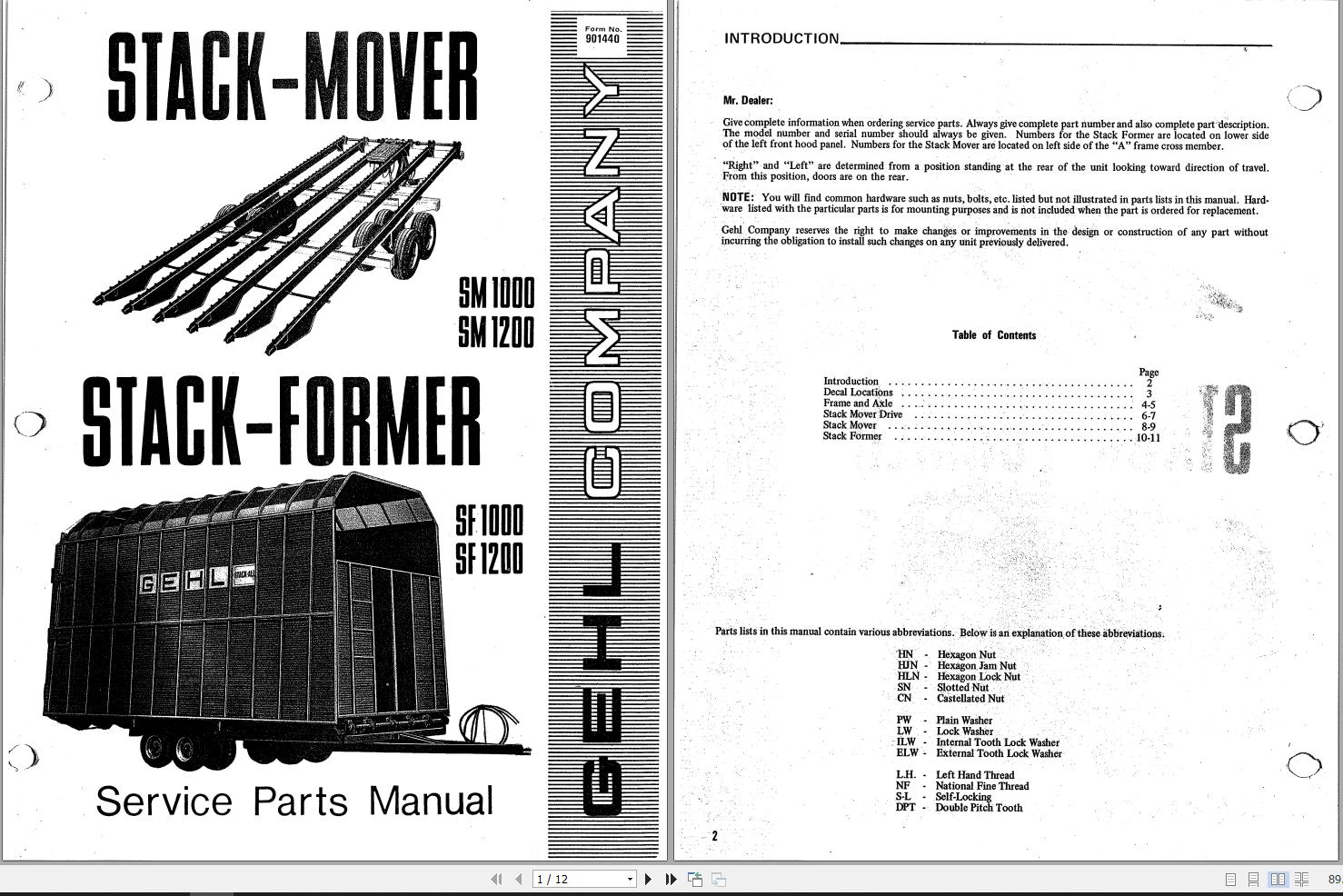 GEHL Stack Mover Former SF1000 SF1200 SM1000 SM1200 Service Parts Manual 901440A
