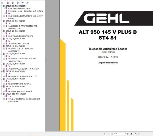 GEHL Telescopic Articulated Loader ALT 950 145 V PLUS D ST4 S1 Repair Manual 647829