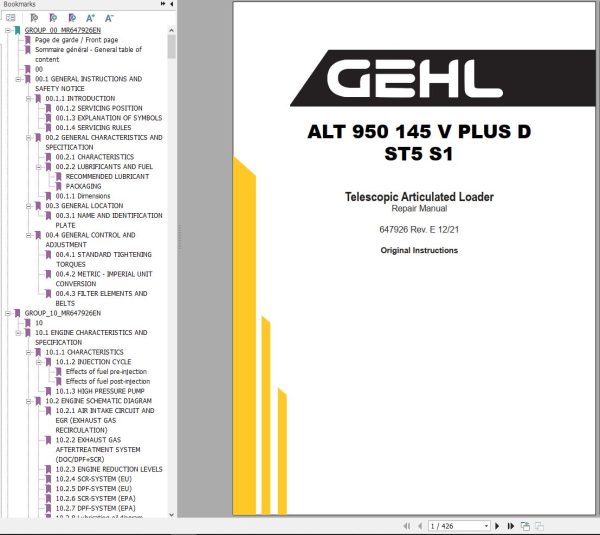 GEHL Telescopic Articulated Loader ALT 950 145 V PLUS D ST5 S1 Repair Manual 647926