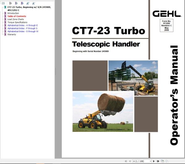 GEHL Telescopic Handler CT7 23 Turbo Operators Manual