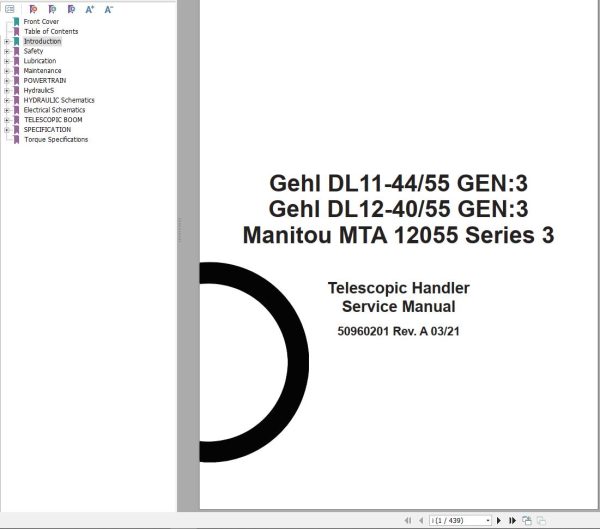 GEHL Telescopic Handler DL11 44 55 GEN3 DL12 40 55 GEN3 Service Manual 50960201 REVA