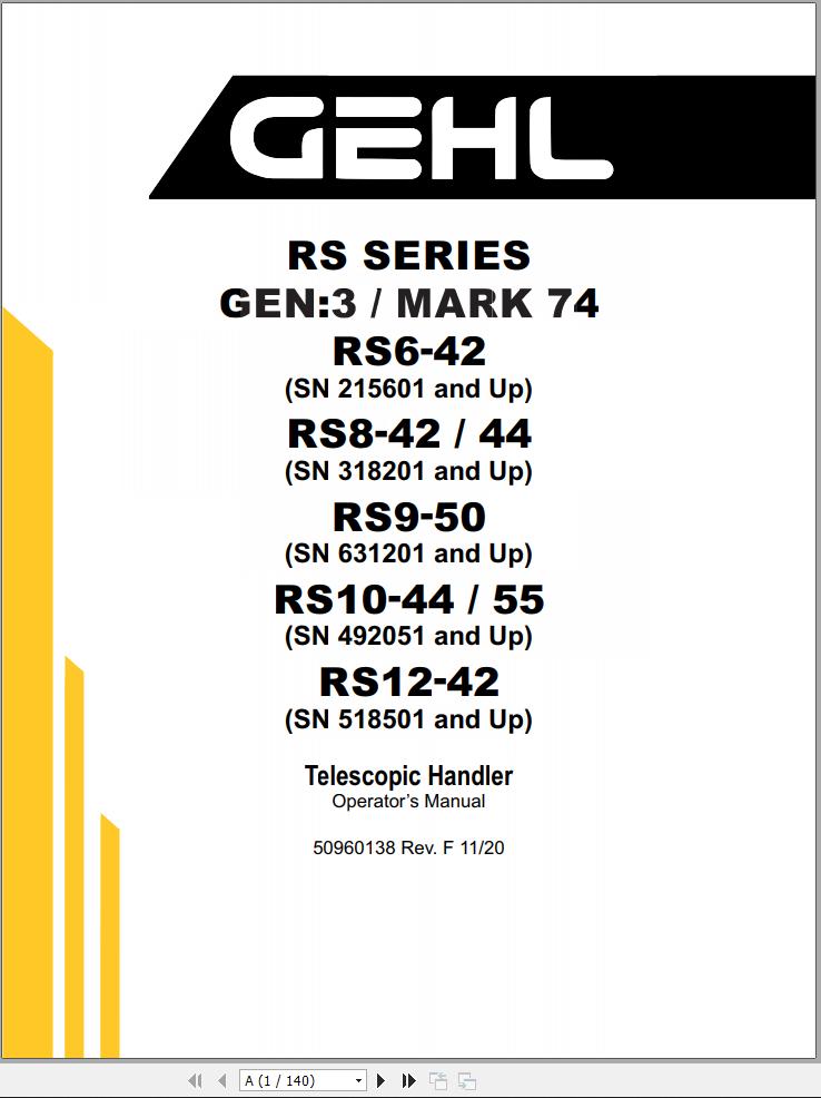 GEHL Telescopic Handler RS Series Gen3 Mark74 Operators Manual 50960138F