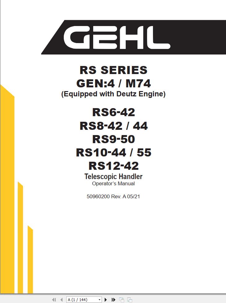 GEHL Telescopic Handler RS Series Gen4 M74 Operators Manual 50960200A