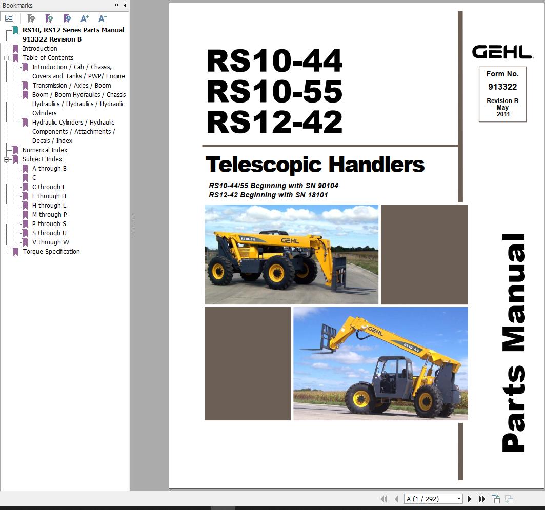 GEHL Telescopic Handler RS10 44 RS10 55 RS12 42 Parts Manual 913322B