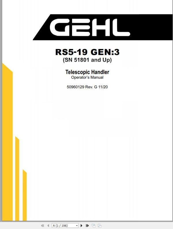 GEHL Telescopic Handler RS5 19 Gen3 Operators Manual 50960129G