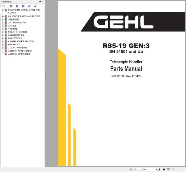 GEHL Telescopic Handler RS5 19 Gen3 Parts Manual 50960130B