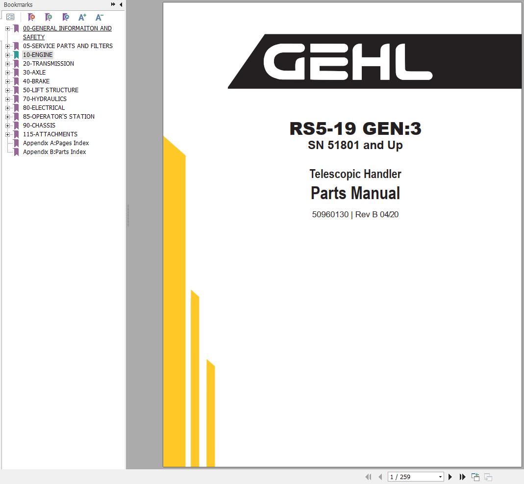 GEHL Telescopic Handler RS5 19 Gen3 Parts Manual 50960130B