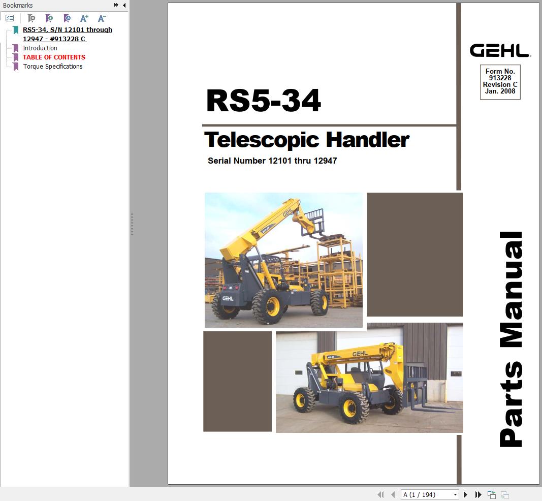 GEHL Telescopic Handler RS5 34 Parts Manual 913228C