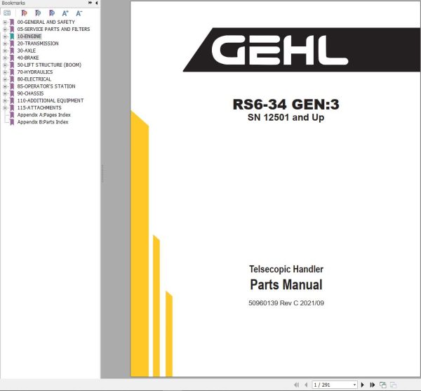 GEHL Telescopic Handler RS6 34 Gen 3 Parts Manual 50960139C