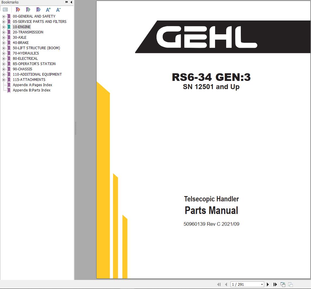 GEHL Telescopic Handler RS6 34 Gen 3 Parts Manual 50960139C