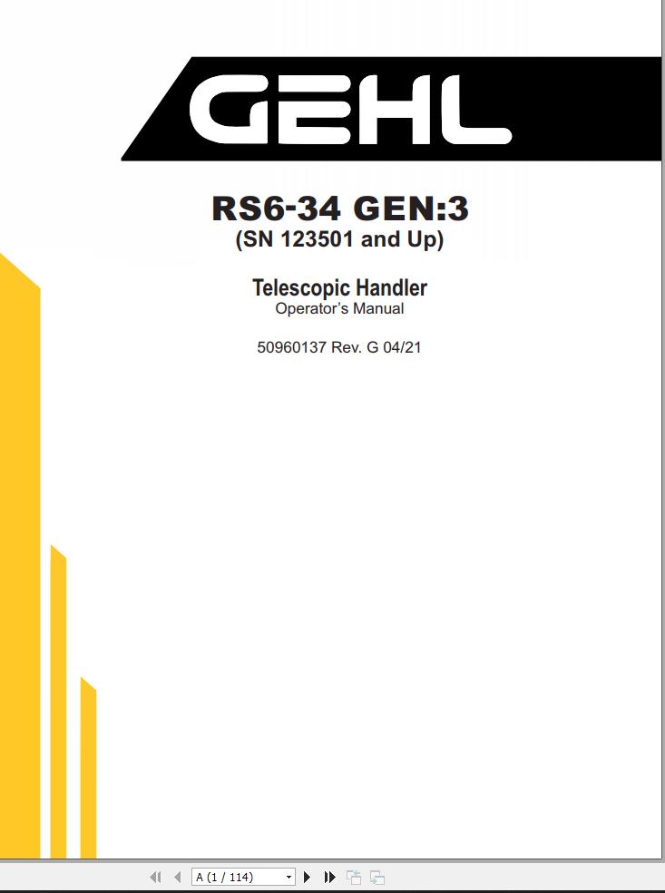 GEHL Telescopic Handler RS6 34 Gen3 Operators Manual 50960137G