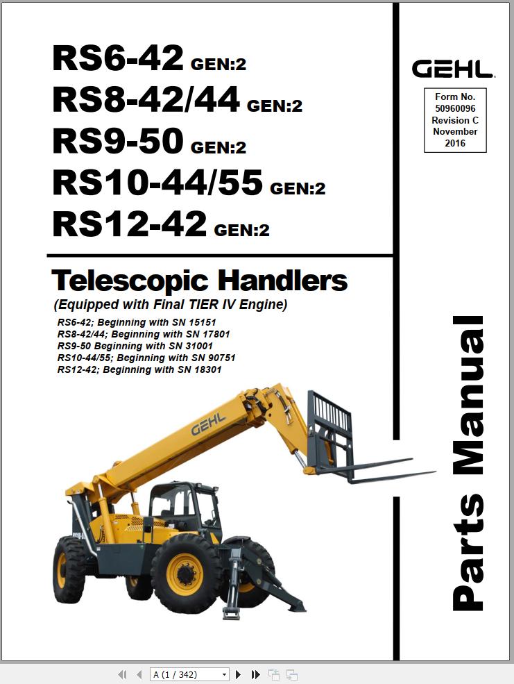 GEHL Telescopic Handler RS6 42 Gen2 To RS12 42 Gen2 Parts Manual 50960096C 1