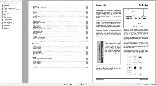 GEHL Telescopic Handler RS6 42 RS8 44 RS10 55 Parts Manual 50960052A