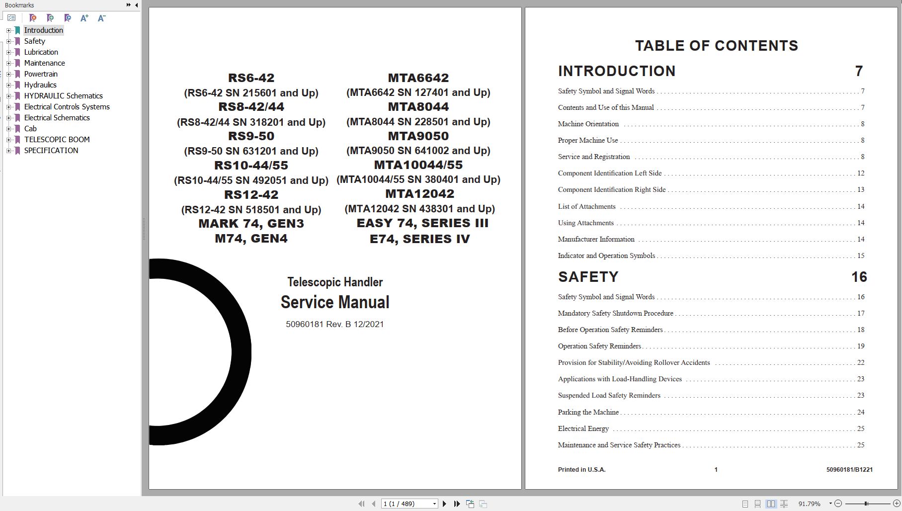 GEHL Telescopic Handler RS6 42 to E74 Series IV Service Manual 50960181B