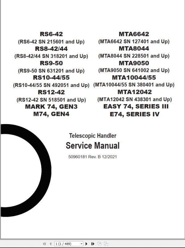 GEHL Telescopic Handler RS6 42 to EASY 74 Series IV Service Manual 50960181 B