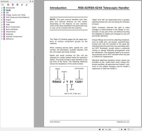 GEHL Telescopic Handler RS6 RS8 Parts Manual