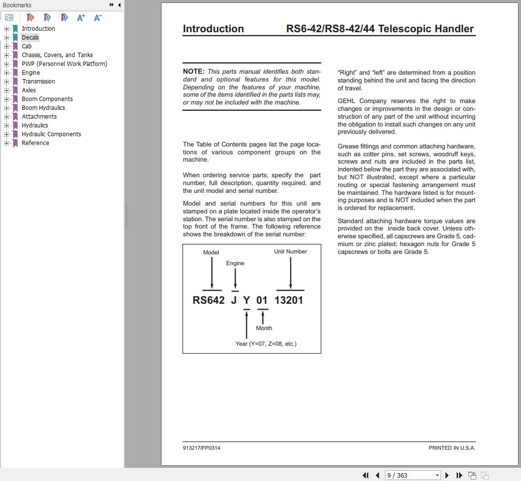 GEHL Telescopic Handler RS6 RS8 Parts Manual