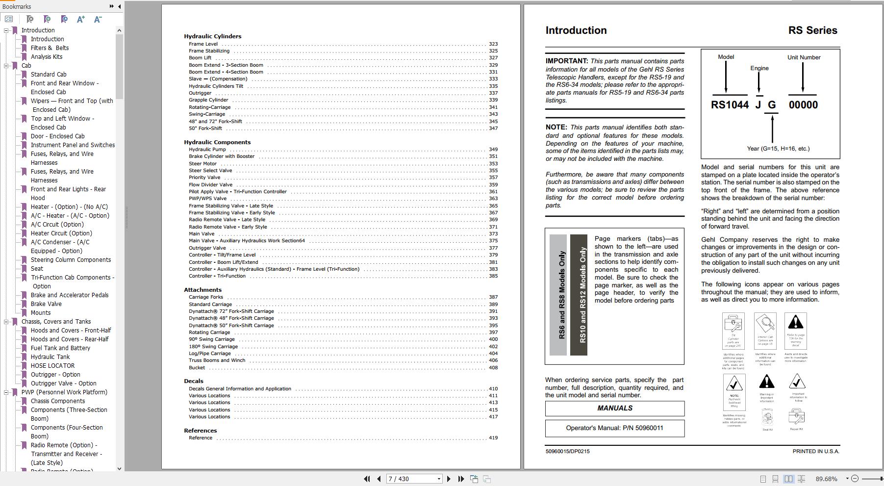 GEHL Telescopic Handler RS6 RS8 RS10 RS12 Parts Manual 50960015