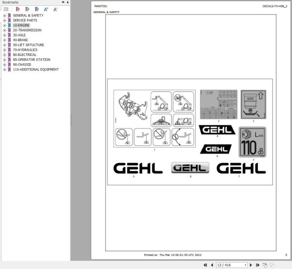 GEHL Telescopic Handler TX 408 Parts Manual 53109861A