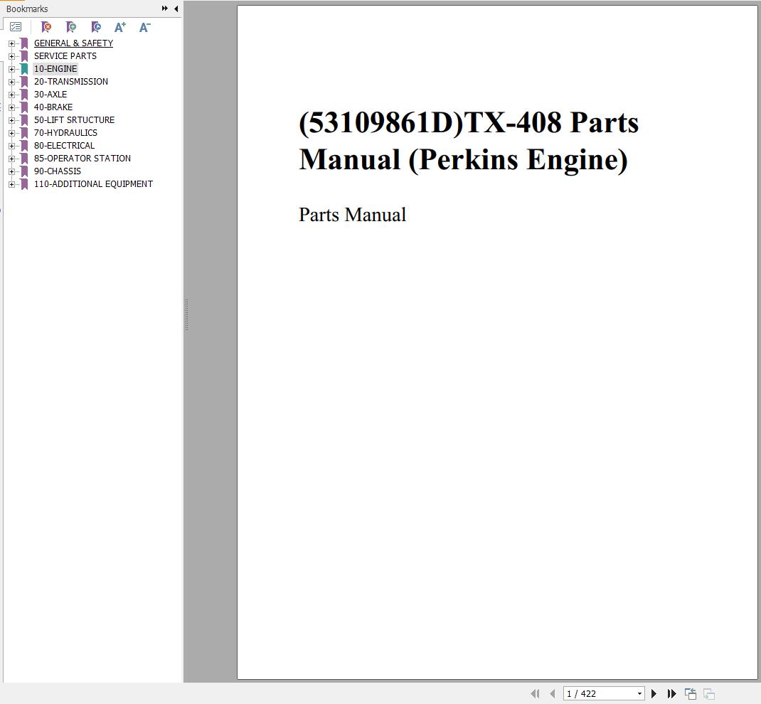 GEHL Telescopic Handler TX 408 Perkins Engine Parts Manual 53109861D