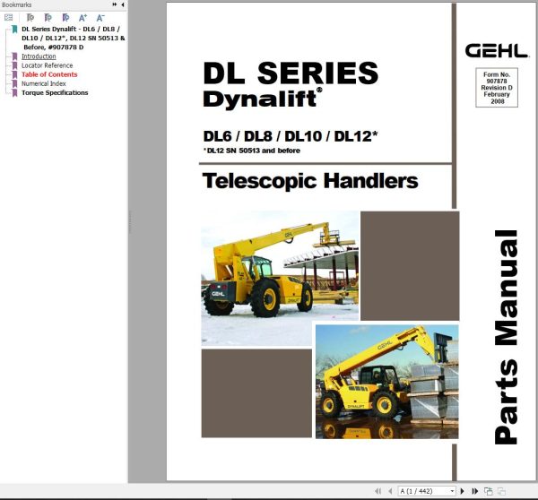 GEHL Telescopic Handlers DL6 DL8 DL10H DL12 Parts Manual 907878D