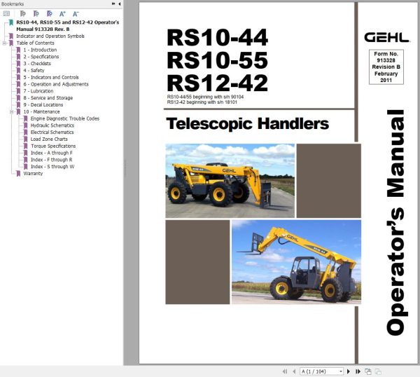 GEHL Telescopic Handlers RS10 44 RS10 55 RS12 42 Operators Manual 913328B