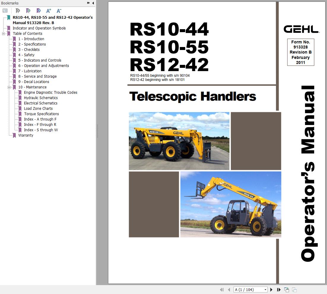 GEHL Telescopic Handlers RS10 44 RS10 55 RS12 42 Operators Manual 913328B