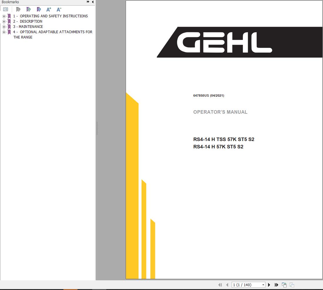 GEHL Telescopic Handlers RS4 14HTSS57KST5S2 RS4 14H57KST5S2 Operators Manual 647850US