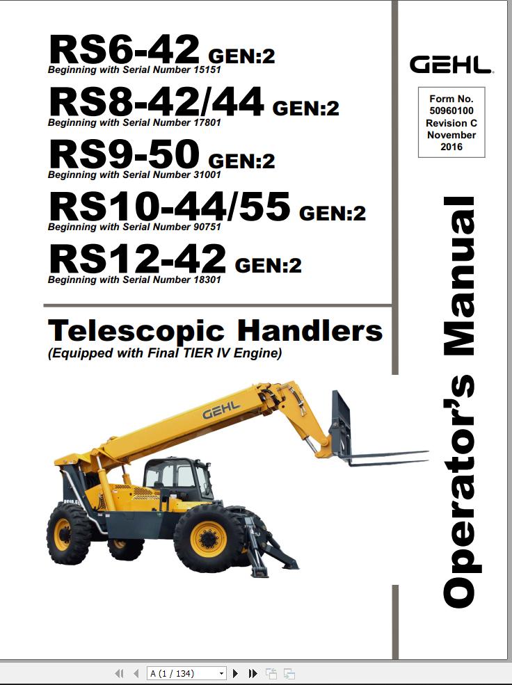GEHL Telescopic Handlers RS6 42 GEN2 to RS12 42 GEN2 Operators Manual 50960100C