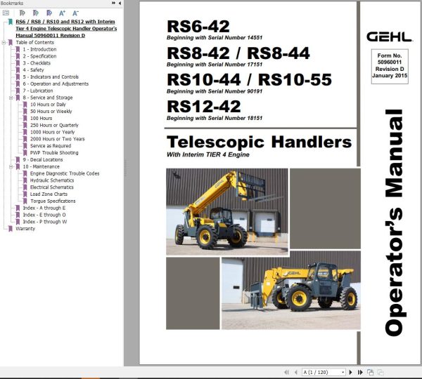 GEHL Telescopic Handlers RS6 42 to RS12 42 Operators Manual 50960011D