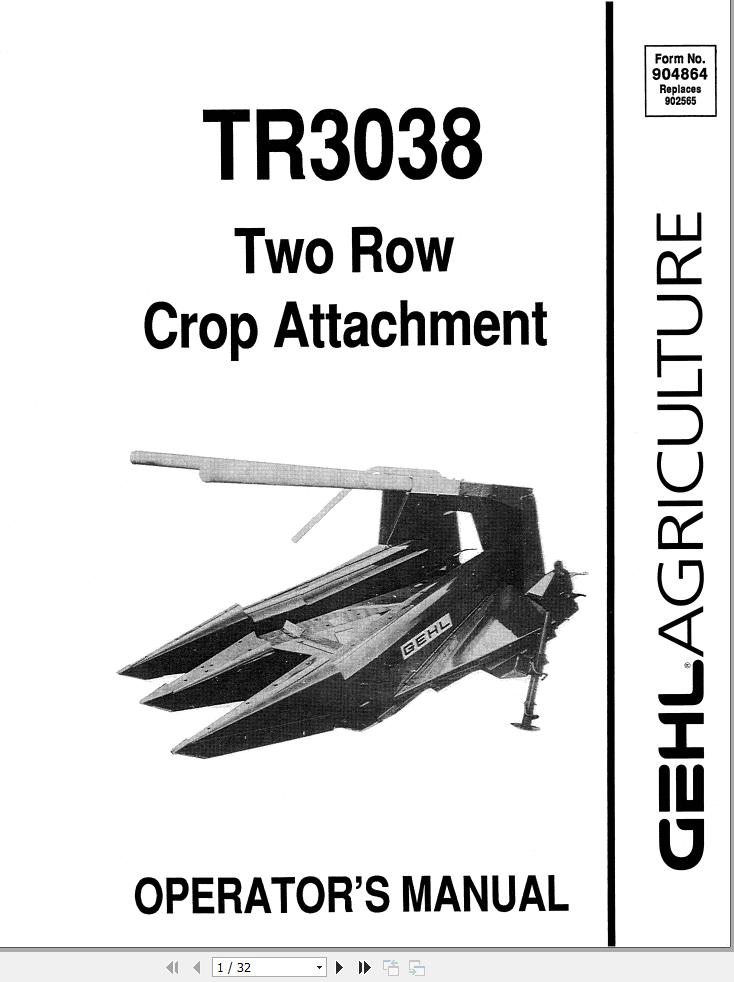 GEHL Two Row Crop Attachment TR3038 Operators Manual 904864A