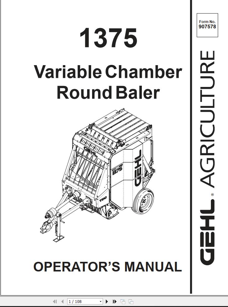 GEHL Variable Chamber Round Baler 1375 Operators Manual 907578B
