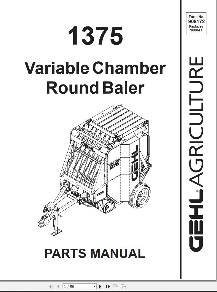 GEHL Variable Chamber Round Baler 1375 Parts Manual 908172A