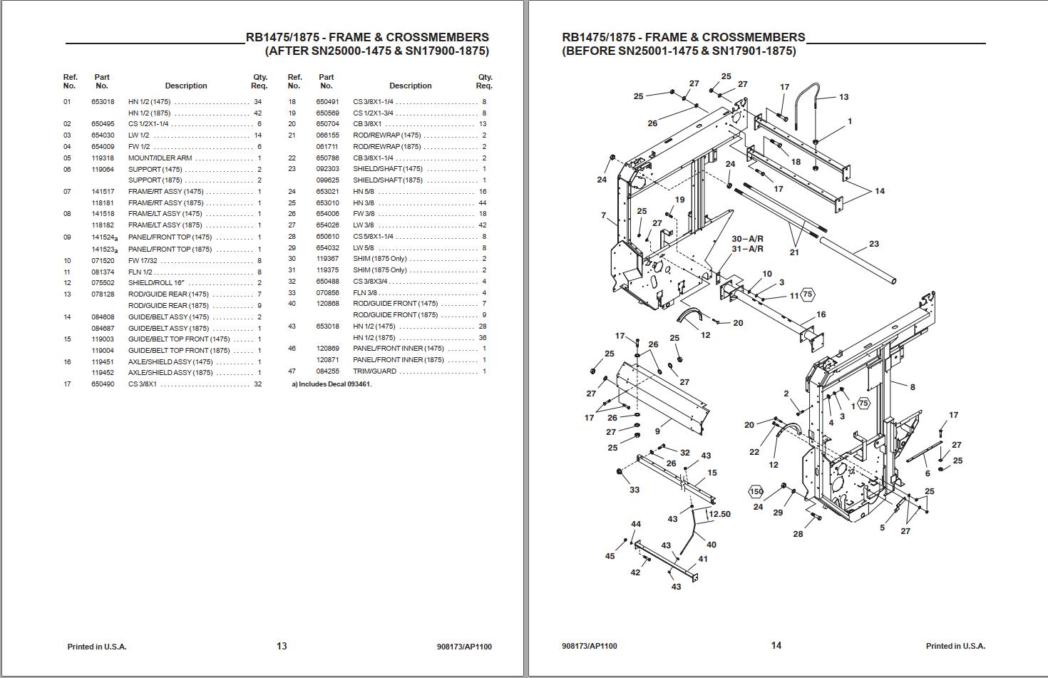 GEHL Variable Chamber Round Baler 1475 1875 Parts Manual 908173A 1