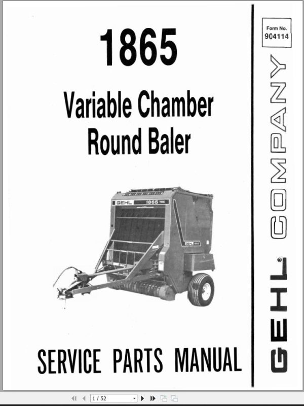 GEHL Variable Chamber Round Baler 1865 Service Parts Manual 904114A