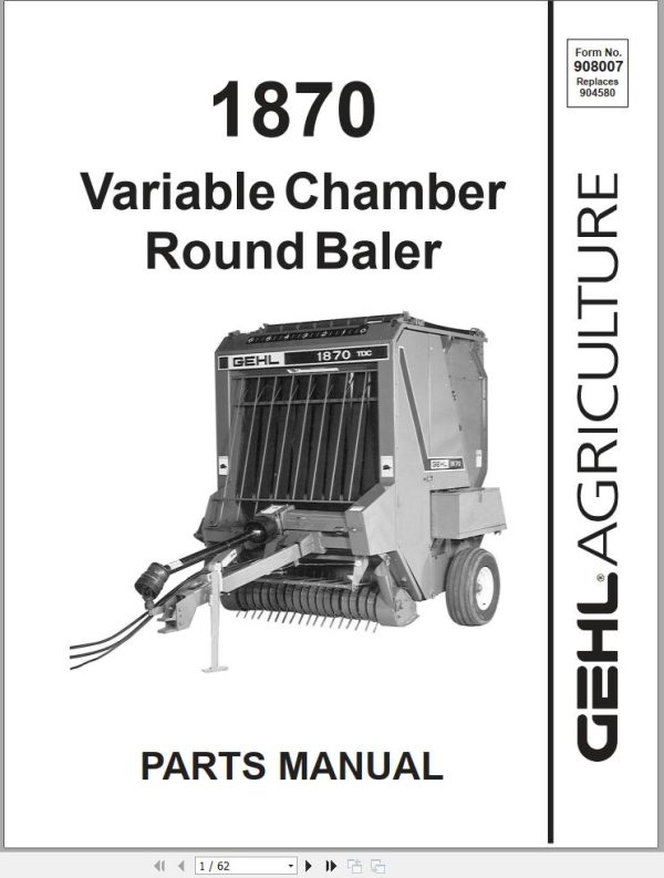 GEHL Variable Chamber Round Baler 1870 Parts Manual 908007A