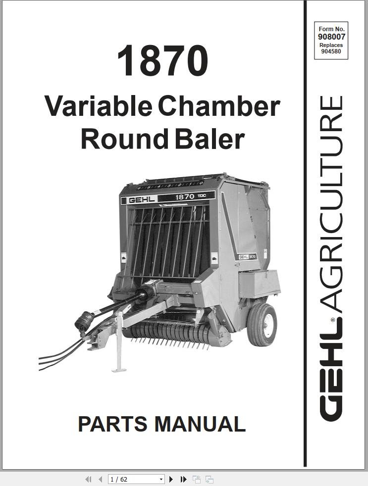 GEHL Variable Chamber Round Baler 1870 Parts Manual 908007A
