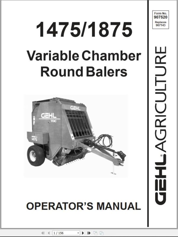 GEHL Variable Chamber Round Balers 1475 1875 Operators Manual 907520C